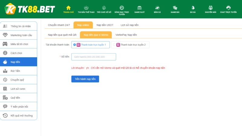 Hướng dẫn nạp tiền TK88 Momo